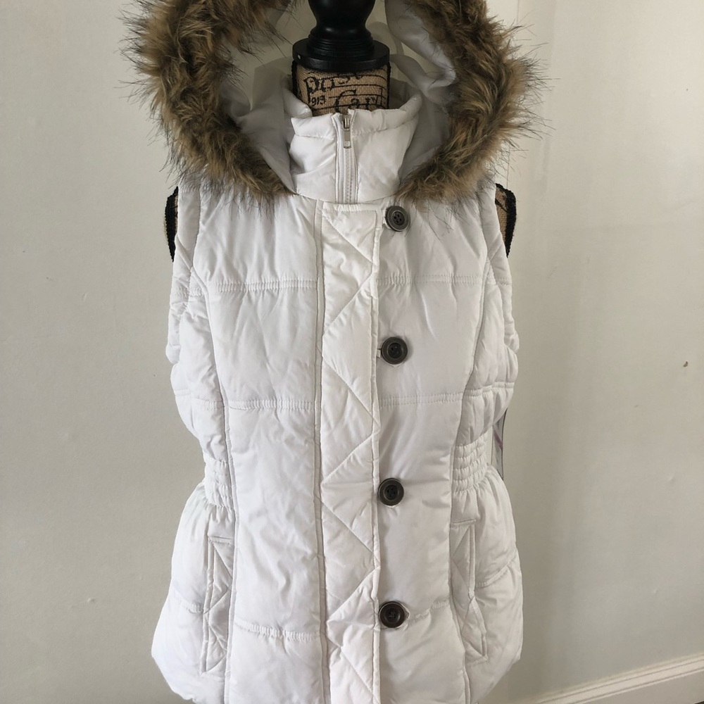 White puffy vest with faux fur hoodie